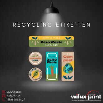 Eine Auswahl an farbenfrohen Recycling-Etiketten mit umweltbewussten Botschaften wie ‚Zero Waste‘ und ‚Compost‘, perfekt für nachhaltige Produktkennzeichnung.