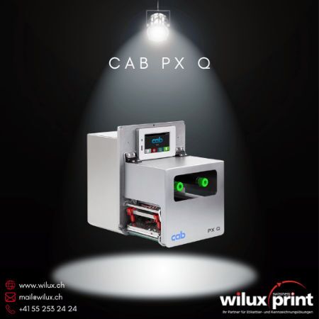 CAB PX Q Thermodirekt- und Thermotransferdruckmodul mit robustem Alugussgehäuse und lebensmittelechter Beschichtung, für vollautomatisches Drucken und Etikettieren in industriellen Anwendungen.