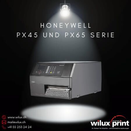 Honeywell PX45 und PX65 Thermodirekt- und Thermotransferdrucker, ideal für industrielle Anwendungen mit hoher Druckgeschwindigkeit, RFID-Technologie und flexibler Integration in bestehende Arbeitsabläufe.