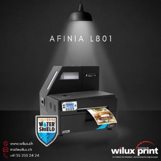 Afinia L801 Farbetikettendrucker mit WaterShield™-Technologie für hohe Druckgeschwindigkeit und Effizienz.