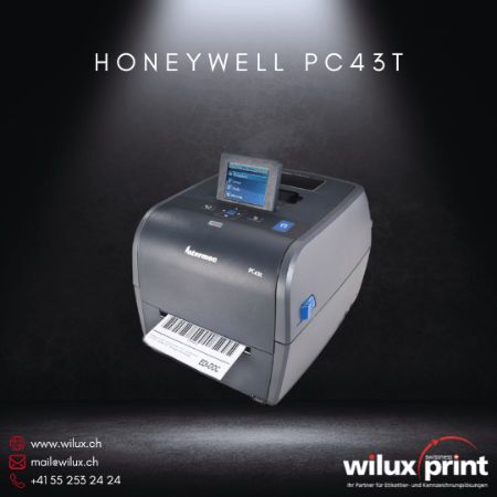 Honeywell PC43T Desktop Etikettendrucker, unterstützt Thermodirekt- und Thermotransferdruck, ideal für Barcode- und Etikettendrucklösungen in kompaktem Design. Perfekt für vielseitige Anwendungen im Büro und Einzelhandel.