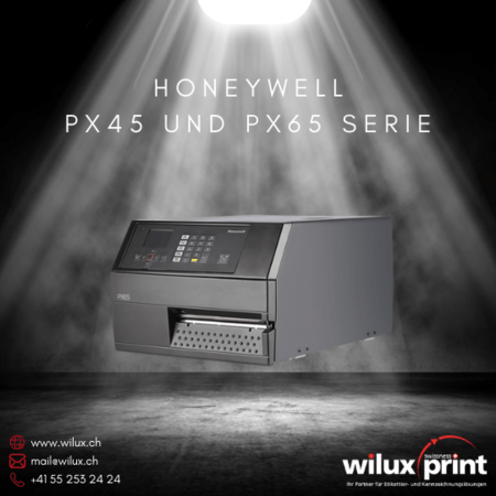 Honeywell PX45 und PX65 Etikettendrucker, die Thermodirekt-, Thermotransfer- und RFID-Technologie unterstützen, ideal für präzise Etikettierungen bei hoher Geschwindigkeit in industriellen Umgebungen.