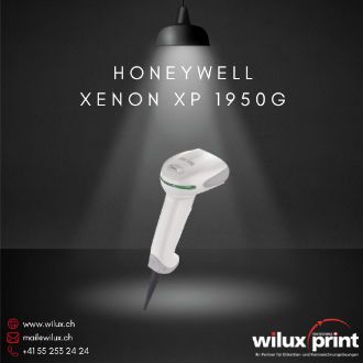 Der Honeywell Xenon XP 1950g Barcode-Scanner in weisser Ausführung, präsentiert unter einer Lampe. Der kabelgebundene Scanner ist ideal für den Einsatz im Einzelhandel und in der Industrie.