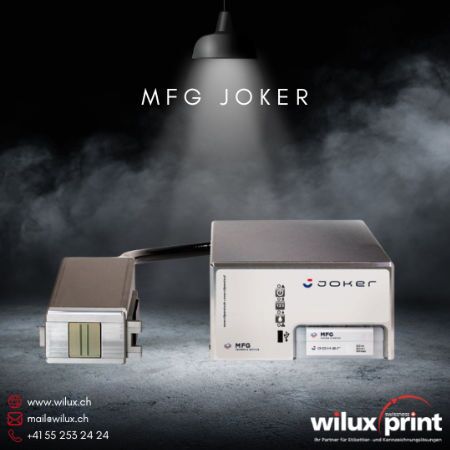 Ein industrieller Inkjet Drucker vom Typ MFG Joker, bestehend aus Steuergerät und TIJ-Druckkopf, als Beispiel für zuverlässige Kennzeichnungslösungen von Wilux Print.