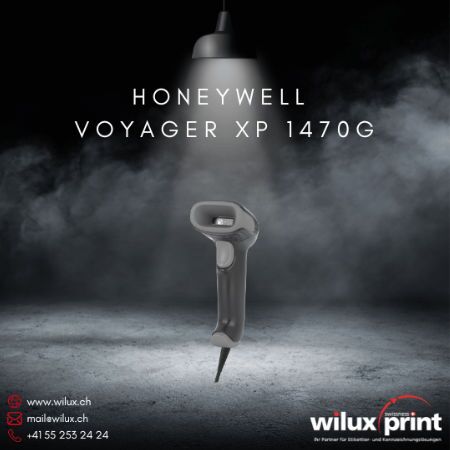 Kabelgebundener Barcode Scanner Honeywell Voyager XP 1470G auf dunklem, nebligem Hintergrund unter einer Lampe. Der ergonomische Scanner eignet sich für Einzelhandel und Lagerlogistik und bietet zuverlässige Leistung.