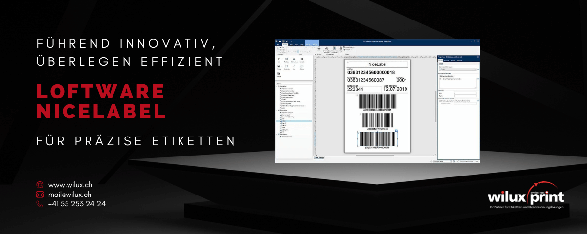 Loftware NiceLabel Software-Benutzeroberfläche, die ein Etikett mit Barcodes anzeigt. Ideal für präzise Etikettenproduktion und effiziente Etikettierungslösungen in Unternehmen.