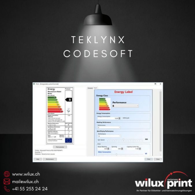 Screenshot der TEKLYNX CODESOFT Software zeigt die Erstellung eines Energielabels mit Produktinformationen und Energieklassen, präsentiert von WILUX PRINT.