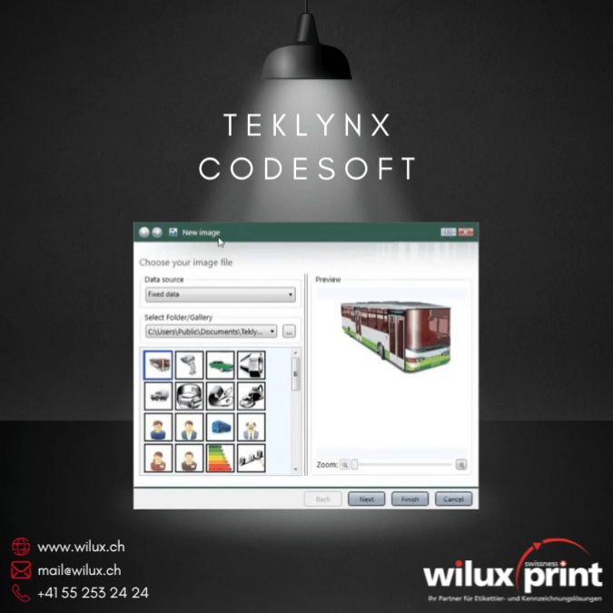 Screenshot der TEKLYNX CODESOFT Software zeigt das Einfügen eines neuen Bildes für die Etikettenerstellung, präsentiert von WILUX PRINT.