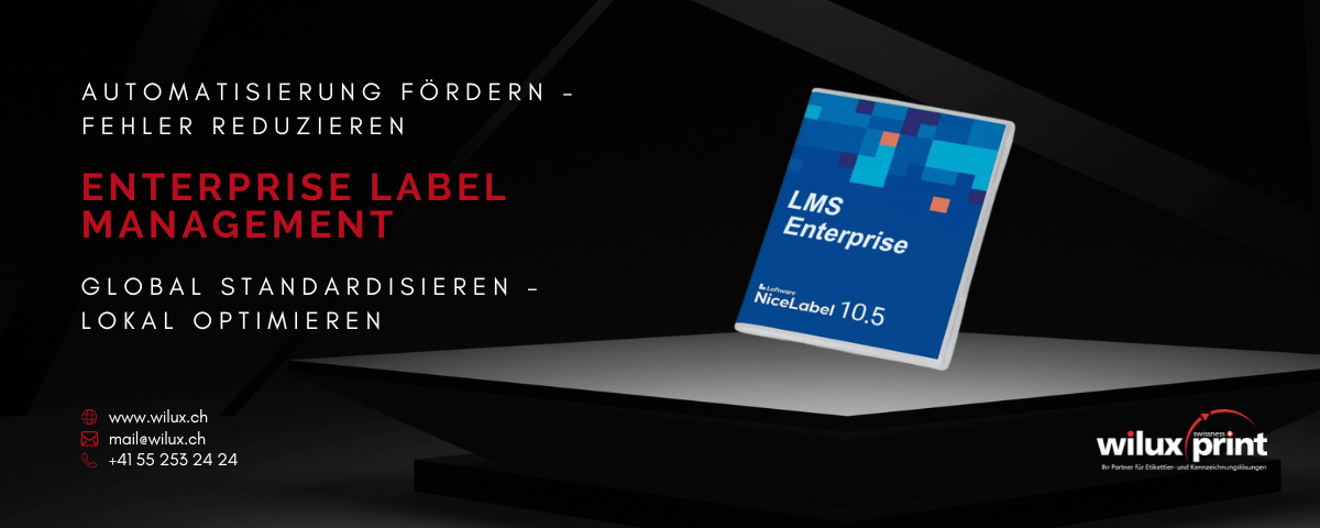 Verpackung der Loftware NiceLabel LMS Enterprise Software unter einem Spotlight, dargestellt als Lösung für ein Enterprise-Etikettenmanagement-System zur Automatisierung und Standardisierung globaler Etikettierungsprozesse.