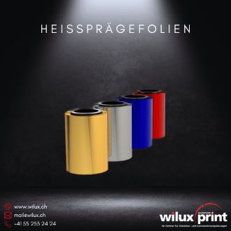 Verschiedene Heissprägefolien in Gold, Silber, Blau und Rot, ideal für hochwertige Veredelungen von Produkten in Industrie und Handel.