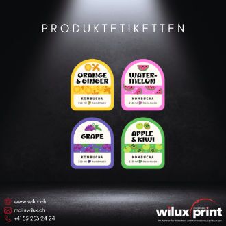 Vier bunte Produktetiketten mit verschiedenen Geschmacksrichtungen, ideal für individuelle und auffällige Produktkennzeichnung.