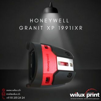 Obere Ansicht des Honeywell Granit XP 1991iXR Barcode-Scanners, der unter einem Scheinwerfer in seiner charakteristischen roten und schwarzen Farbe präsentiert wird. Der Scanner ist für extreme industrielle Umgebungen konzipiert.