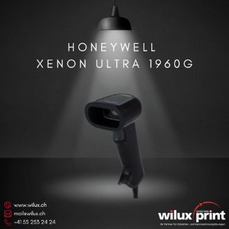 Frontale linke Seitenansicht des Honeywell Xenon Ultra 1960g Barcode-Scanners, beleuchtet unter einer Lampe. Der Scanner bietet hohe Präzision und Leistung, ideal für industrielle und Einzelhandelsanwendungen.