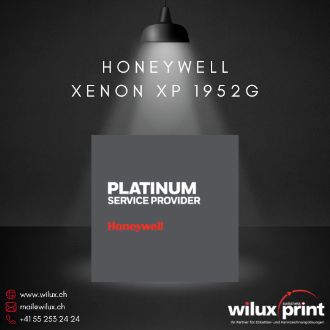 Das Bild zeigt den Honeywell Xenon XP 1952g Barcode-Scanner und das Platinum Service Provider Logo von Honeywell, das die exzellente Unterstützung durch WILUX als Platinum Partner symbolisiert.