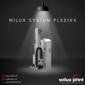 Industrielles Etikettiersystem WILUX System PLS31XX mit Elektroadapter für präzise Etikettierung im Stillstand, ideal für empfindliche Produkte.