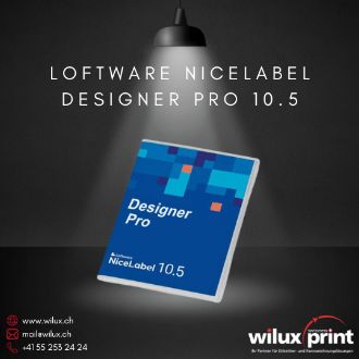 Loftware NiceLabel Designer Pro 10.5 Softwarebox vor einem dunklen Hintergrund, entwickelt für effizientes und sicheres Etikettendesign.