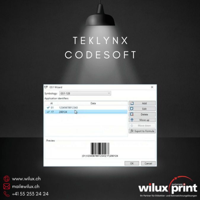 Screenshot des TEKLYNX CODESOFT GS1 Wizards, der die Erstellung eines GS1-128 Barcodes zeigt, präsentiert von WILUX PRINT.