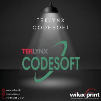 TEKLYNX CODESOFT Logo unter Spotlight, präsentiert von WILUX PRINT, spezialisiert auf fortschrittliche Etikettierungslösungen und Barcode-Integration.