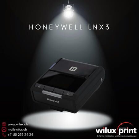 Mobiler Honeywell LNX3 Thermodirektdrucker, kompakt und robust, ausgestattet mit Wi-Fi, Bluetooth und Hot-Swap-Akku für effizienten Etiketten- und Belegdruck in industriellen Umgebungen.