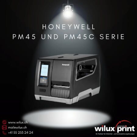 Honeywell PM45 und PM45c Serie Thermodirekt- und Thermotransferdrucker für industrielle Anwendungen, mit hoher Druckgeschwindigkeit, präziser Druckregistrierung und vielseitigen Anschlussmöglichkeiten.