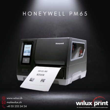 Honeywell PM65 Etikettendrucker für Industrie mit kompakter Bauweise und grossem Display, unterstützt Thermodirekt- und Thermotransferdruck sowie RFID-Drucktechnologie.