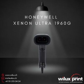 Der Honeywell Xenon Ultra 1960g Barcode-Scanner ist frontal abgebildet, beleuchtet von einer Lampe. Er zeichnet sich durch seine robuste Bauweise und überlegene Scan-Leistung aus.