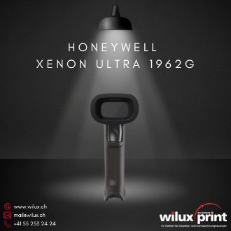 Der kabellose Honeywell Xenon Ultra 1962g Barcode Scanner steht unter einer Lampe auf einem dunklen Hintergrund. Er bietet Bluetooth 4.2 Konnektivität, Robustheit und präzise Leistung für Einzelhandel und Industrie.