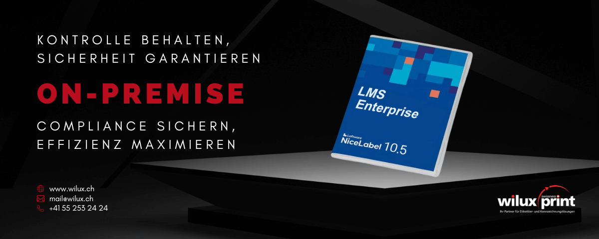 Loftware NiceLabel LMS Enterprise Softwarebox auf dunklem Hintergrund. Loftware NiceLabel On-Premise Lösungen bieten maximale Sicherheit und Kontrolle über Etikettierungsprozesse, ideal für Unternehmen mit strengen Datenschutzanforderungen.