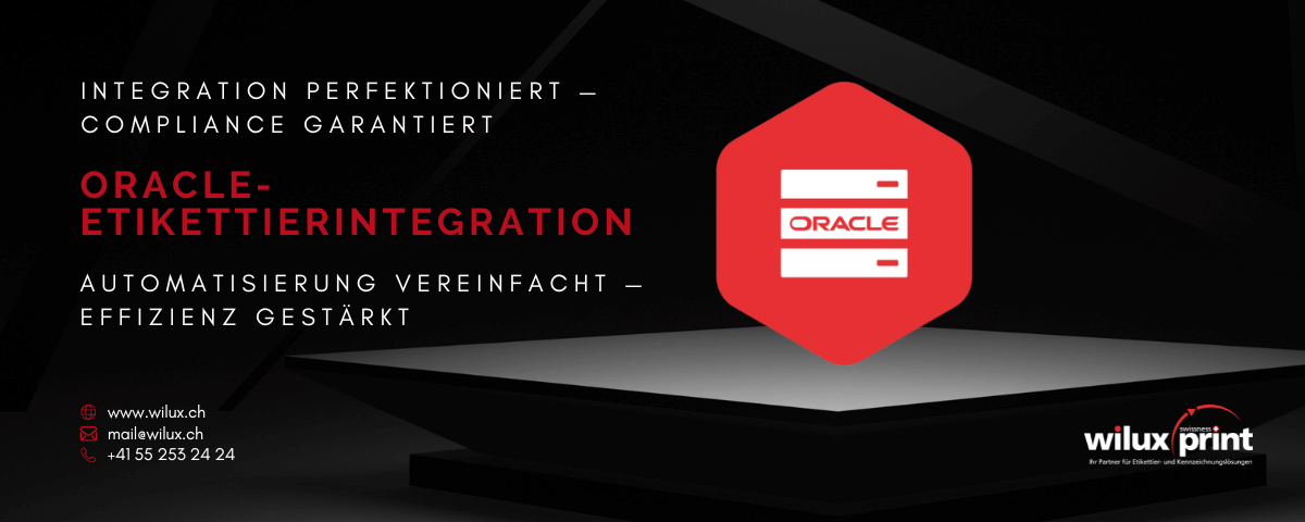 Rotes Oracle-Symbol auf einem schwarzen Hintergrund, das die Oracle-Etikettierungsintegration darstellt, die durch TEKLYNX und Loftware NiceLabel Lösungen effiziente Automatisierung und Compliance bietet.