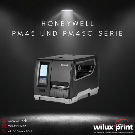 Honeywell PM45 und PM45C RFID Etikettendrucker, fortschrittliche Industriedrucker, die sowohl Thermodirekt- als auch Thermotransferdruck unterstützen. Sie sind kompakt und bieten erweiterte Konnektivität sowie die Möglichkeit, RFID-Etiketten zu drucken.