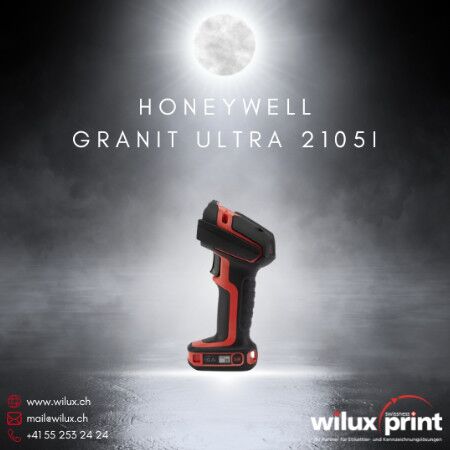 Robuster Barcode Handscanner Honeywell Granit Ultra 2105i mit IP68-Zertifizierung, 3m Sturzsicherheit und KI-Technologie für 45% schnellere Performance. Red Dot Award 2025 prämiertes Industrial Design. WILUX PRINT AG, Honeywell Platinum Partner Schweiz.