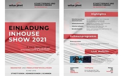 Einladungsposter zur WILUX Inhouse Show 2021, das Datum, Veranstaltungsort und Programmpunkte wie Produktneuheiten, Highlights, Rahmenprogramm und Live-Auftritt präsentiert. Die Veranstaltung findet am 8. und 9. September 2021 in Hinwil statt.