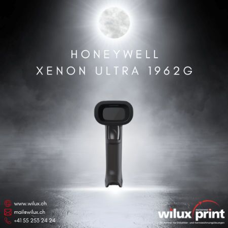 Honeywell Xenon Ultra 1962G Allzweck Barcode Handscanner auf beleuchteter Plattform, kabellos mit Bluetooth, robustes Design und vielseitige Barcode-Unterstützung. WILUX PRINT Logo unten rechts.