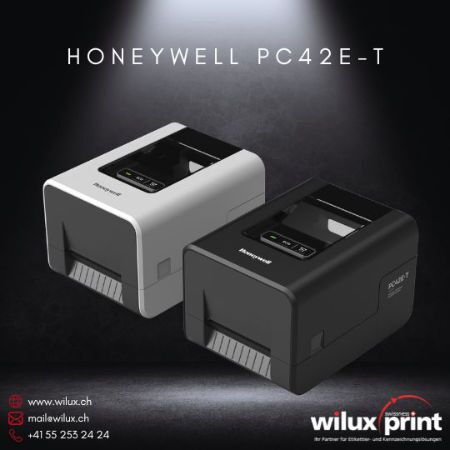 Desktop Etikettendrucker Honeywell PC42E-T in schwarzer und weisser Ausführung, kompakte 4-Zoll-Drucklösung mit Thermotransfer und Thermodirekt für Einzelhandel und Logistik