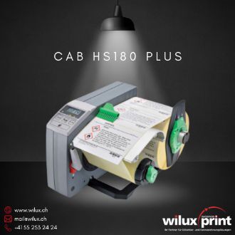 Elektrischer Etikettenspender CAB HS180 Plus für handelsübliche Selbstklebeetiketten, mit LCD-Anzeige und einstellbarer Spende-Geschwindigkeit, ideal für dezentrale Handarbeitsplätze.