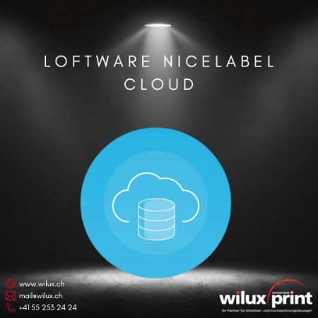 Loftware NiceLabel Cloud Etikettendesign-Software Symbol auf schwarzem Hintergrund, bietet Remote-Zugriff und geringeren IT-Aufwand durch Cloud-Lösung.