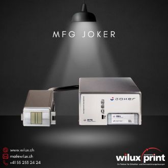 Der hochauflösende Tintenstrahldrucker Joker, bestehend aus dem kompakten Steuergerät und dem Thermal Inkjet (TIJ) Druckkopf mit integrierter Kartusche.