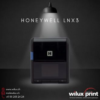 Honeywell LNX3 Mobildrucker im Fokus, beleuchtet von oben auf dunklem Hintergrund. Modernes Design mit klar sichtbarem Honeywell-Logo. Unten im Bild WILUX PRINT Kontaktinformationen und Logo.