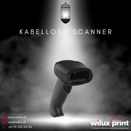 Kabelloser Barcode Scanner auf einer beleuchteten Plattform mit dem WILUX PRINT Logo, ideal für flexible Datenerfassung in Einzelhandel, Logistik und dynamischen Arbeitsumgebungen.