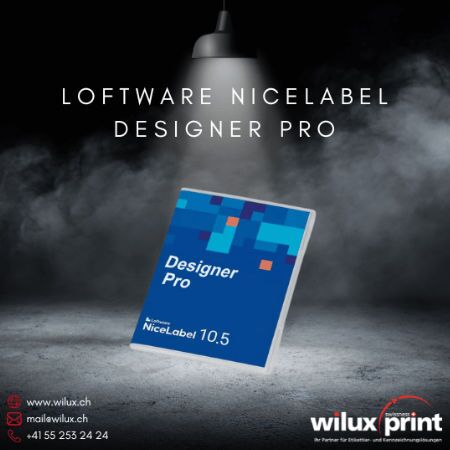 Loftware NiceLabel Designer Pro 10.5 Softwarebox auf dunklem Hintergrund. Loftware NiceLabel On-Premise Lösungen bieten fortgeschrittene Designfunktionen und individuelle Barcode-Erstellung für kleine bis mittelgrosse Unternehmen.