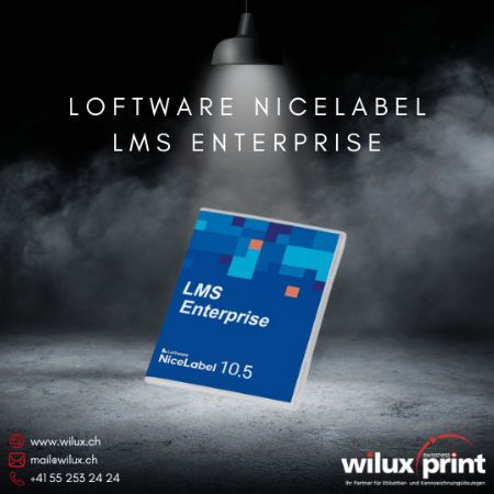 Loftware NiceLabel LMS Enterprise 10.5 Softwarebox vor dunklem Hintergrund. On-Premise Lösungen für grosse Unternehmen mit komplexen Etikettierungsstandards.