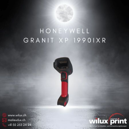 Robuster Honeywell Granit XP 1990iXR Barcode Handscanner auf beleuchteter Plattform, ideal für raue Umgebungen mit Schutz vor Staub und Wasser. Text in weiss und rot mit WILUX PRINT Logo unten.