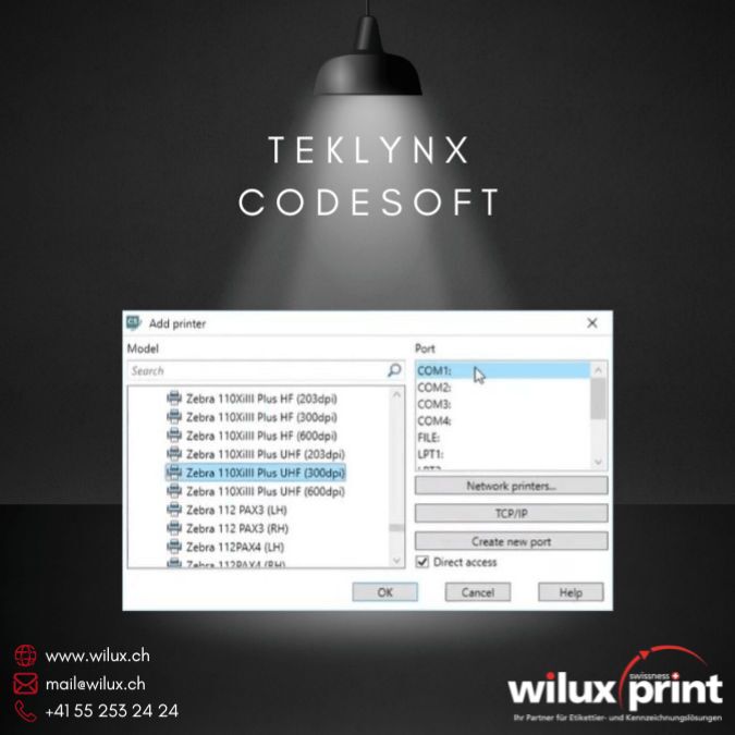 Screenshot der TEKLYNX CODESOFT Software zeigt die Auswahl und Hinzufügung eines Druckers für die Etikettenerstellung, präsentiert von WILUX PRINT.