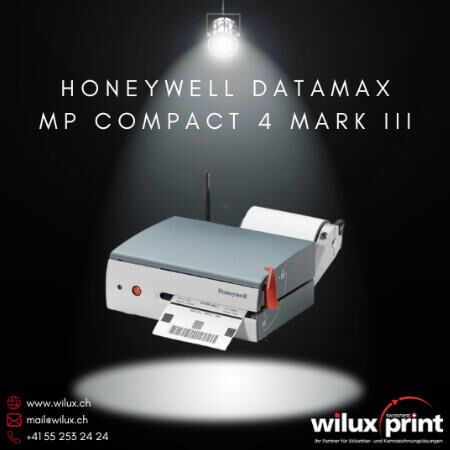 Honeywell Datamax MP Compact 4 Mark III Thermodirektdrucker, kompakter industrietauglicher Tischdrucker mit flexibler Montage und DC-Verbindung, ideal für mobile Anwendungen und platzsparende Etikettierungslösungen.