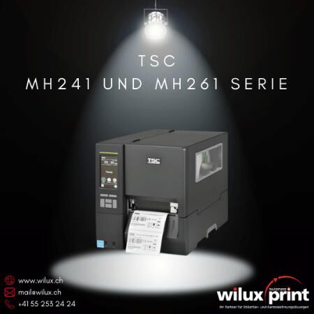 TSC MH241 und MH261 Serie Thermodirekt- und Thermotransferdrucker, robuste Industriedrucker mit integriertem Bluetooth 5.0 und Wi-Fi, ideal für vielseitige Etikettierungsanwendungen in Produktion und Logistik.