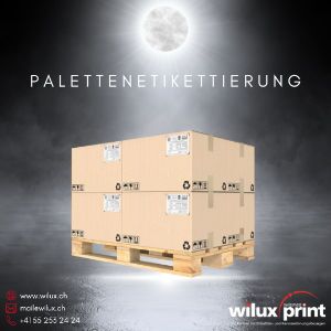 Eine Palette mit präzise angebrachten Etiketten, ideal für die Palettenetikettierung in der Logistik. Die Etiketten ermöglichen eine einfache Rückverfolgbarkeit und sichere Handhabung entlang der gesamten Lieferkette.