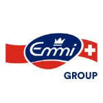 Emmi Group Logo in blauer Schrift mit roter Fahne und Schweizer Kreuz - bekannte Marke für Milchprodukte und Käse mit blauem, stilisiertem Schriftzug im Logo.