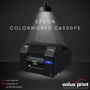 Epson ColorWorks C6500Pe Farbetikettendrucker mit PrecisionCore™ Technologie, zeigt die linke Seitenansicht des Geräts.