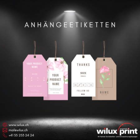 Verschiedene bunte Anhängeetiketten mit floralem Design und textlicher Produktkennzeichnung, ideal für Geschenke, Kleidung und Produkte.