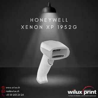 Kabelloser Honeywell Xenon XP 1952g Barcode-Scanner in Weiss, dargestellt in der Frontansicht, unter einer beleuchteten Lampe, ideal für Einzelhandel und Logistik.